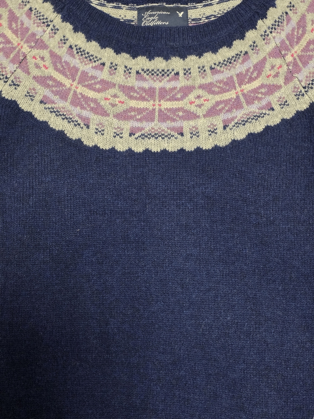 NWT American Eagle Navy Crewneck Wool Sweater Lavender Fair Isle Yoke MEDIUM - Picture 5 of 12